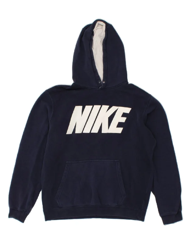 NIKE Mens Graphic Hoodie Jumper Medium Navy Blue Cotton Hoodie with Double Zipper Versatile Adjustable