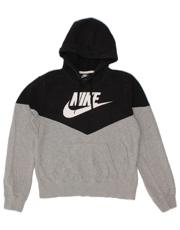 NIKE Womens Oversized Graphic Hoodie Jumper UK 10 Small Black Colourblock Hoodie with Mesh Breathable Sporty