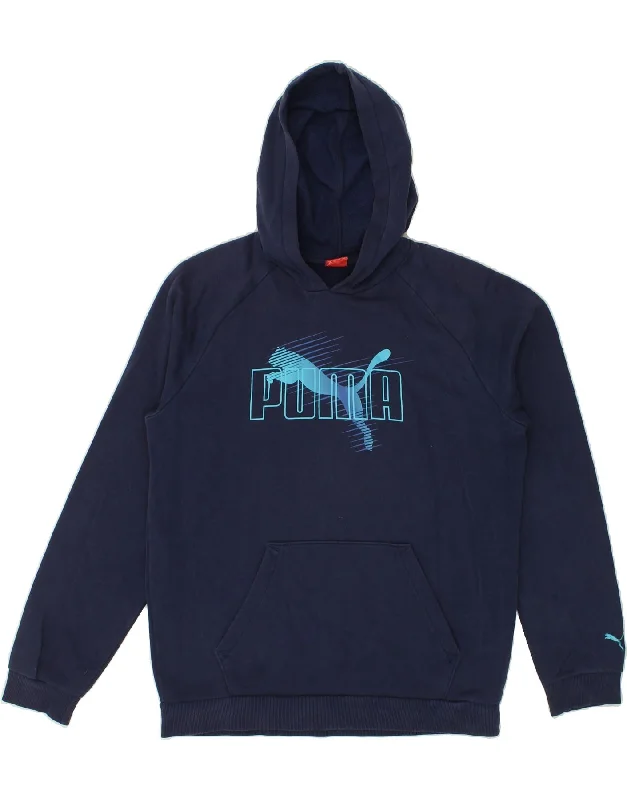 PUMA Boys Graphic Hoodie Jumper 15-16 Years 2XL Navy Blue Cotton Hoodie with Applique Textured Unique