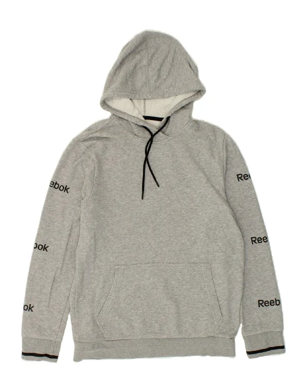 REEBOK Mens Graphic Hoodie Jumper Medium Grey Cotton Hoodie with Embroidery Detailed Premium