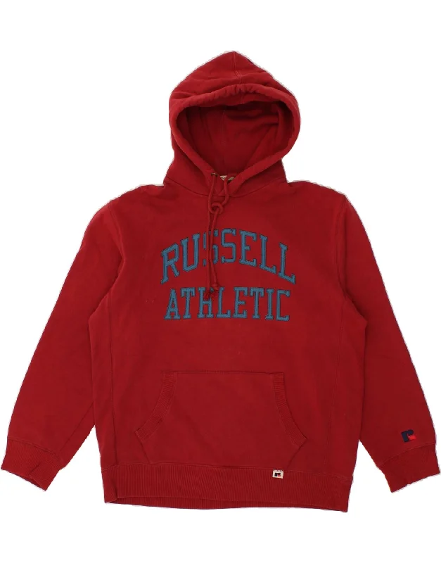 RUSSELL ATHLETIC Mens Graphic Hoodie Jumper Large Red Cotton Hoodie with Velcro Closure Adjustable Secure