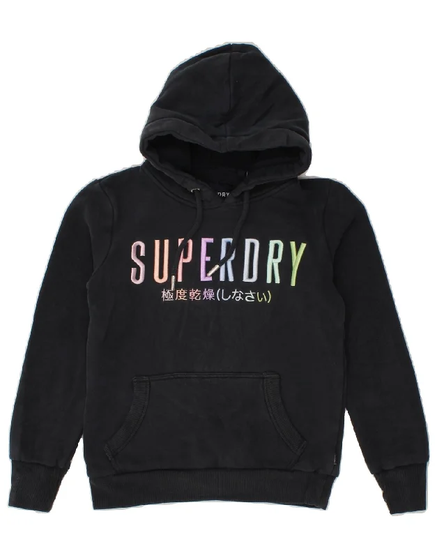 SUPERDRY Womens Graphic Hoodie Jumper UK 8 Small Black Cotton Hoodie with Rhinestones Sparkly Elegant