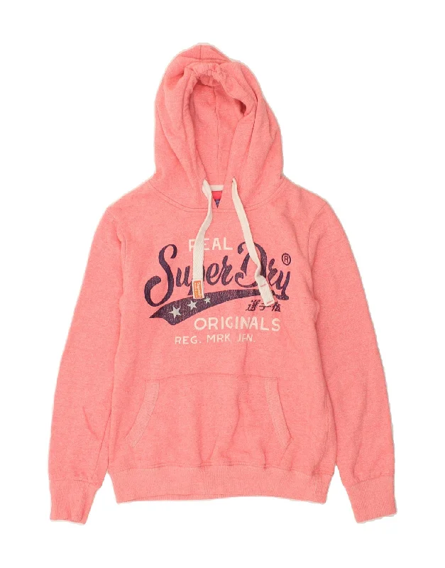 SUPERDRY Womens Graphic Hoodie Jumper UK12 Medium Pink Cotton Hoodie with Longline Fit Extended Stylish