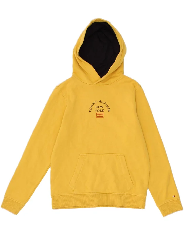 TOMMY HILFIGER Boys Graphic Hoodie Jumper 12-13 Years Yellow Hoodie with Hem Patch Decorative Personalized