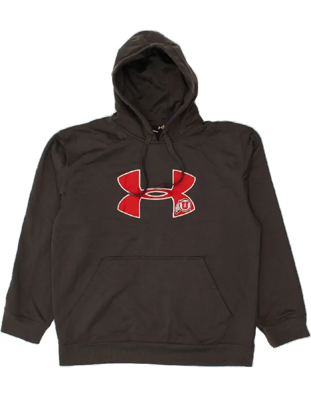 UNDER ARMOUR Mens Graphic Hoodie Jumper Large Grey Polyester Hoodie with Raw Hem Edgy Unfinished