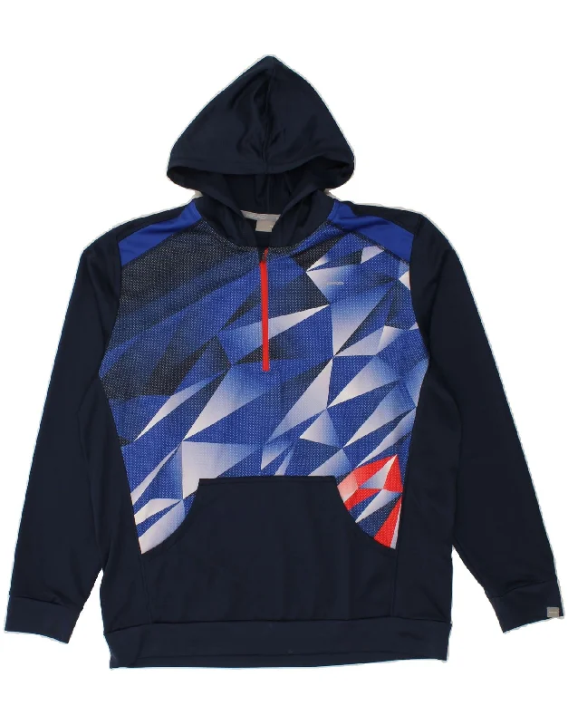 VINTAGE Mens Hoodie Jumper XL Navy Blue Geometric Polyester Hoodie with Slit Hem Functional Movement