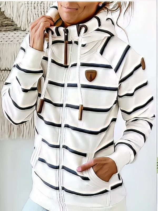 Women's Coffee Striped Leather Zip Hoodie with Functional Pockets Hoodie with Camouflage Military Edgy