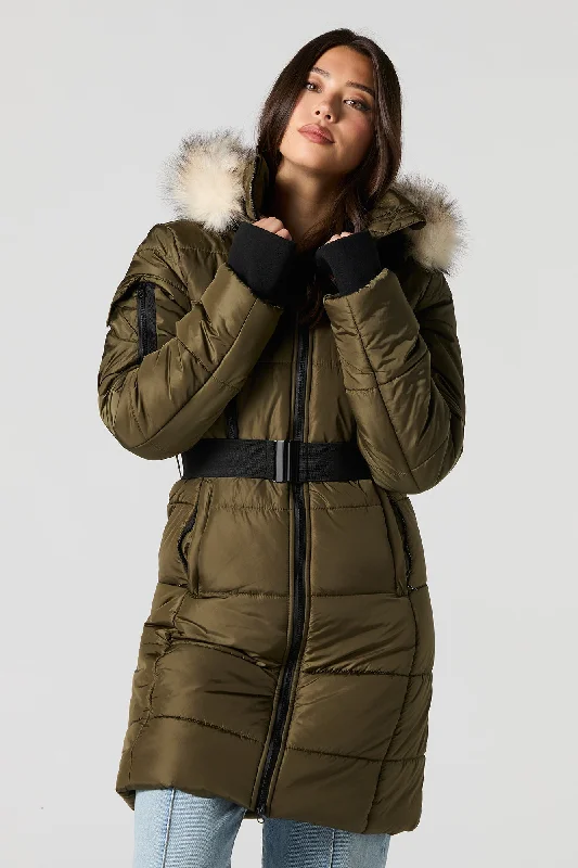 Longline Belted Faux Fur Hood Puffer Jacket Herringbone Jacket Houndstooth Jacket Plaid Jacket