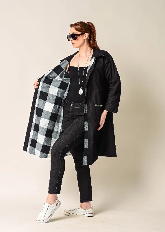 Anthea Cotton Jacket in Onyx Check Front Pockets Side Pockets Patch Pockets