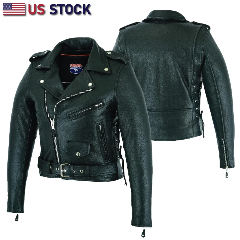 HL13024-8024 Women's Full Length Motorcycle Jacket with Side Lace Ammo Pocket Notch Collar Peter Pan Collar Cowl Neck