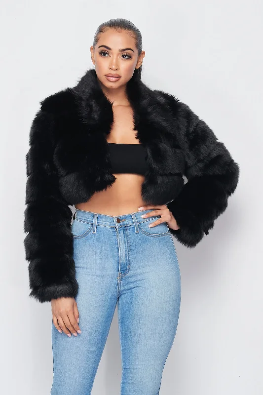 Hot & Delicious - Faux Fur Crop Jacket - Black Corduroy Jacket Velvet Jacket Brocade Jacket