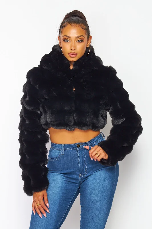 Hot & Delicious - Faux Fur Hooded Crop Jacket - Black Chenille Fabric Brocade Fabric Lace Fabric