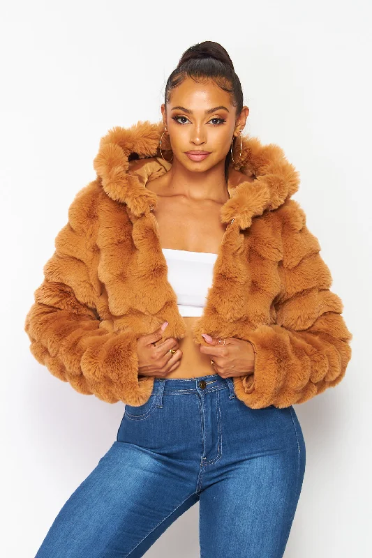 Hot & Delicious - Faux Fur Hooded Crop Jacket - Taupe Knit Fabric Woven Fabric Fleece Fabric