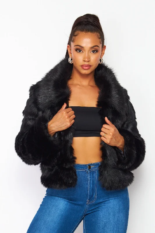 Hot & Delicious - Faux Fur Jacket - Black Belted Jacket Elasticated Jacket Padded Jacket