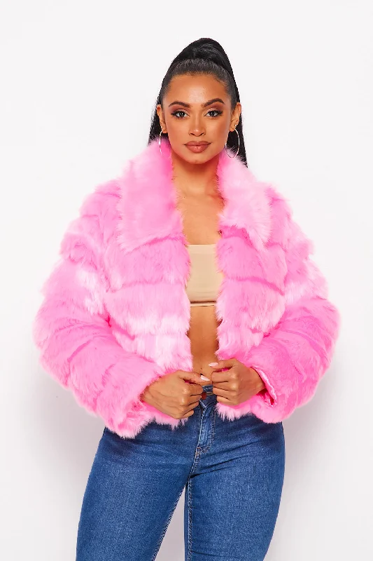 Hot & Delicious - Faux Fur Jacket - Pink Knit Jacket Woven Jacket Fleece Jacket