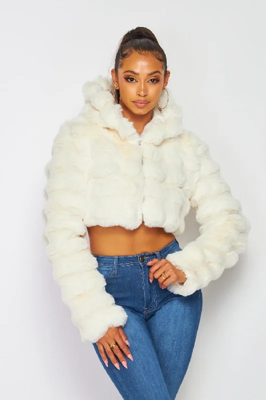 Hot & Delicious - Faux Fur Hooded Crop Jacket - Ivory Wool Jacket Cashmere Jacket Tweed Jacket