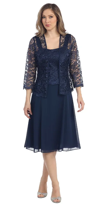 Sally Fashion 8485 Short Mother of Bride Dress Chiffon Knee Length Lace Jacket Notch Collar Jacket Peter Pan Collar Jacket Cowl Neck Jacket