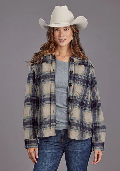 Stetson Women Blue Plaid Shirt Jacket Wool Fabric Cashmere Fabric Tweed Fabric