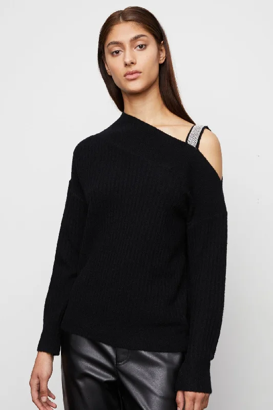 Bailey 44 Kiara Ribbed Asymmetrical Sweater in Black Fleece Fabric Down Fabric Feather Fabric