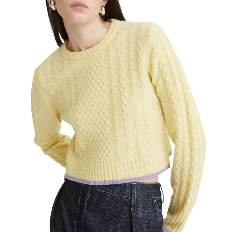 Cable Knit Crew Neck Sweater In Yellow Knit Front Pockets Side Pockets Patch Pockets