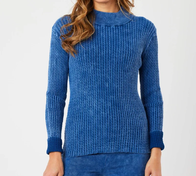 Cable Mock Neck Sweater In Denim Modern Contemporary Chic