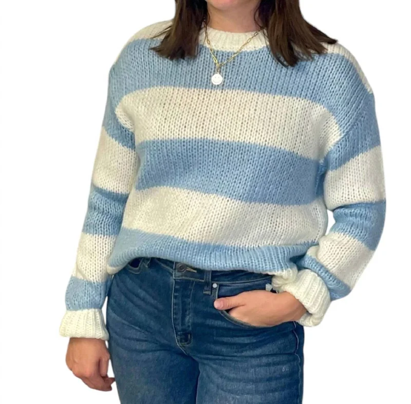 Clara Chunky Stripe Sweater In Soft Blue Hooded Sweater Collared Sweater Shawl Collar