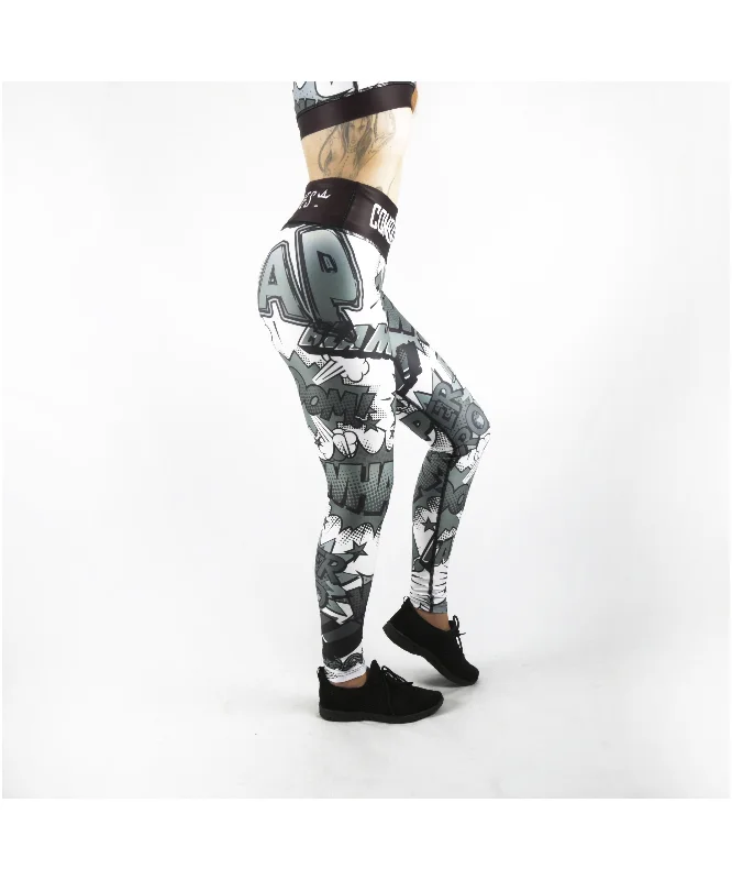 Combat Dollies Black & White Comic Fitness Leggings Trendy Side-Pocket Leggings