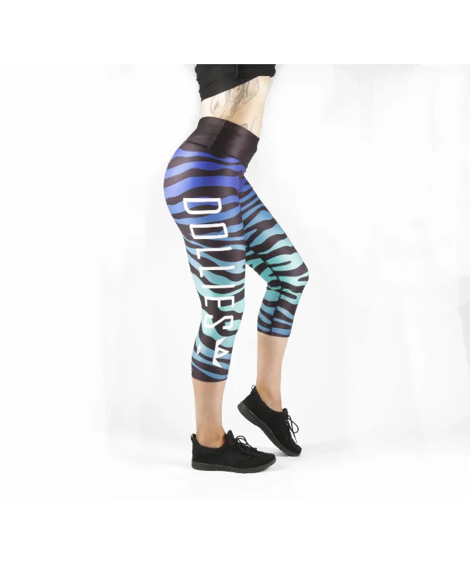 Combat Dollies Blue Zebra Capri Fitness Leggings Elegant Metallic Leggings