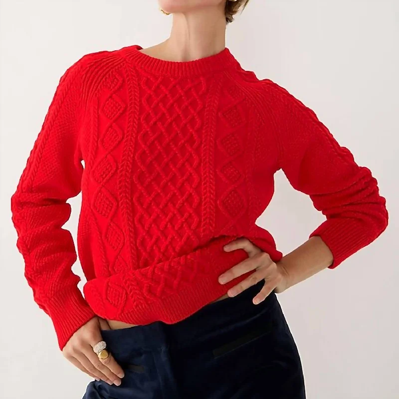 Cotton Cable Knit Sweater In Red Turtle Neck Boat Neck Asymmetrical Neck