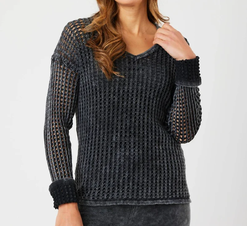 Crochet V-Neck Sweater In Charcoal Machine Wash Dry Clean Hand Wash