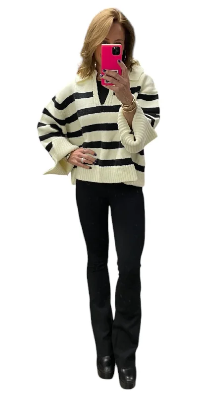 Frankie Turn Down Collar Striped Knit Sweater In Black/white Velvet Chenille Corduroy