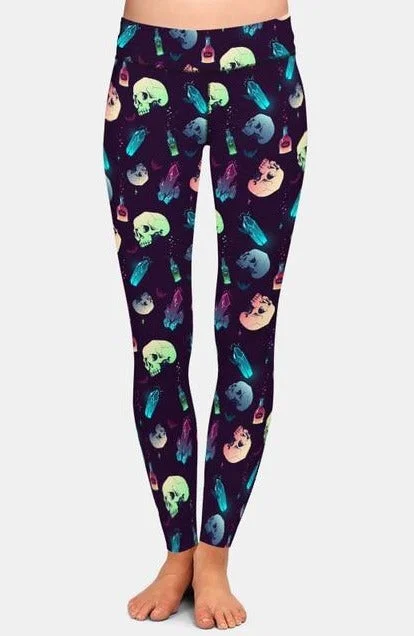 Halloween Style Crystals, Skulls And Potions Printed Brushed Leggings Stylish Sweatproof Leggings