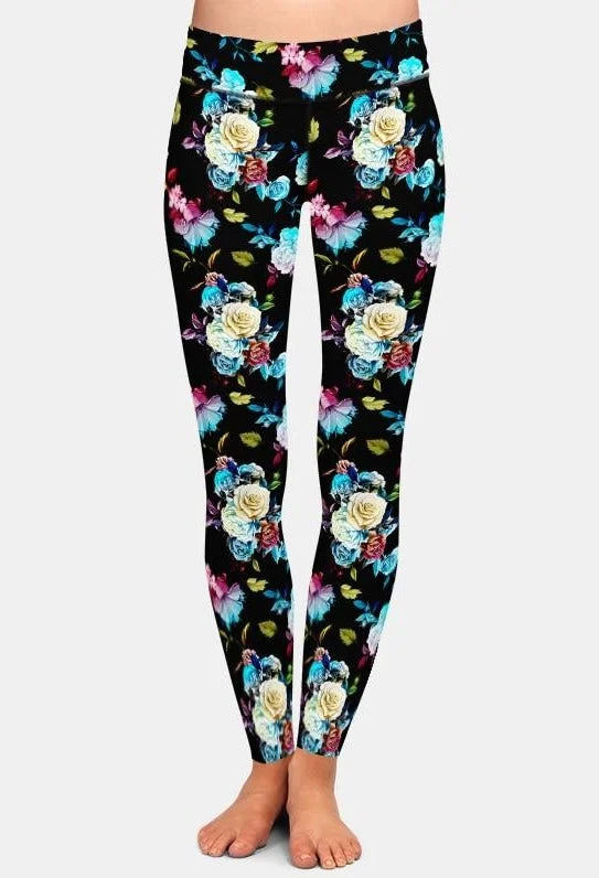 Ladies Assorted Floral Printed Brushed Leggings Casual Black Leggings