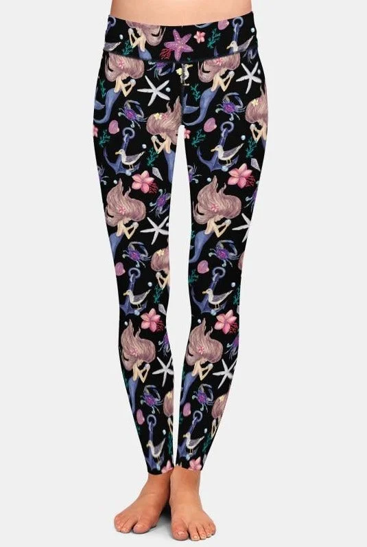 Ladies Cartoon Mermaid Under The Sea Printed Leggings Chic Floral Print Leggings