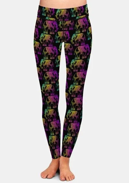 Ladies Cute Colourful Cartoon Elephants Printed Leggings Stylish Pockets Active Leggings