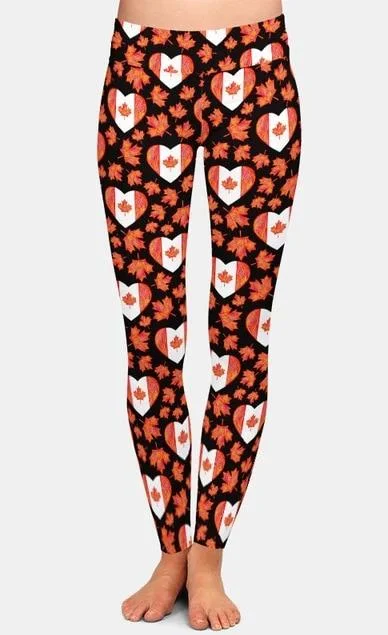 Ladies Hearted Maple Leaf Printed Leggings Trendy Cold Weather Tights