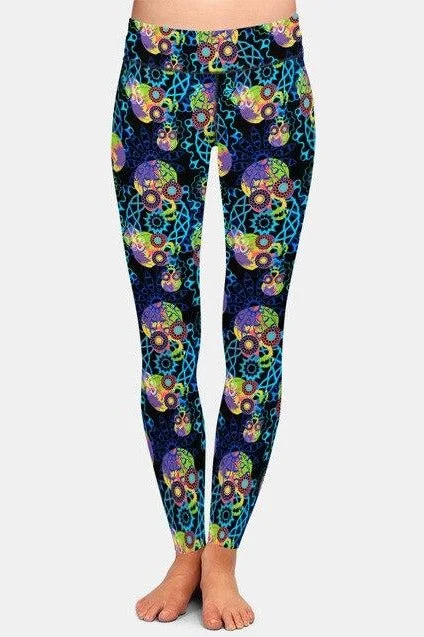 Ladies Rainbow 3D Skulls and Mandala Printed Leggings Comfortable Slim Fit Leggings