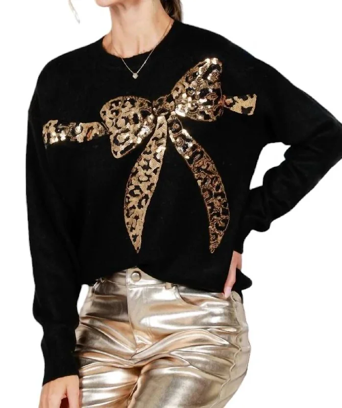 Leopard Luxe Sequin Bow Sweater In Black Terry Terry Cloth Terry Knit