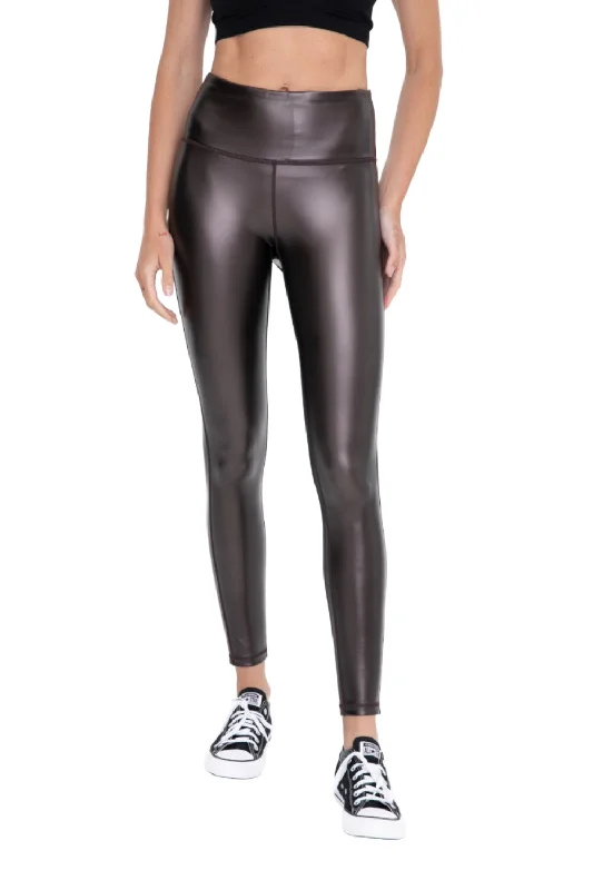 Mono B Glossy Liquid Leggings APH2928 Brown Gloss Stylish Stretch-Waist Leggings