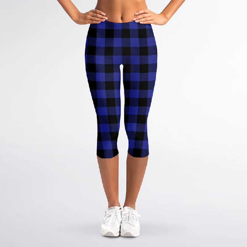 Navy Blue And Black Buffalo Check Print Women's Capri Leggings Stylish Ankle-Length Leggings