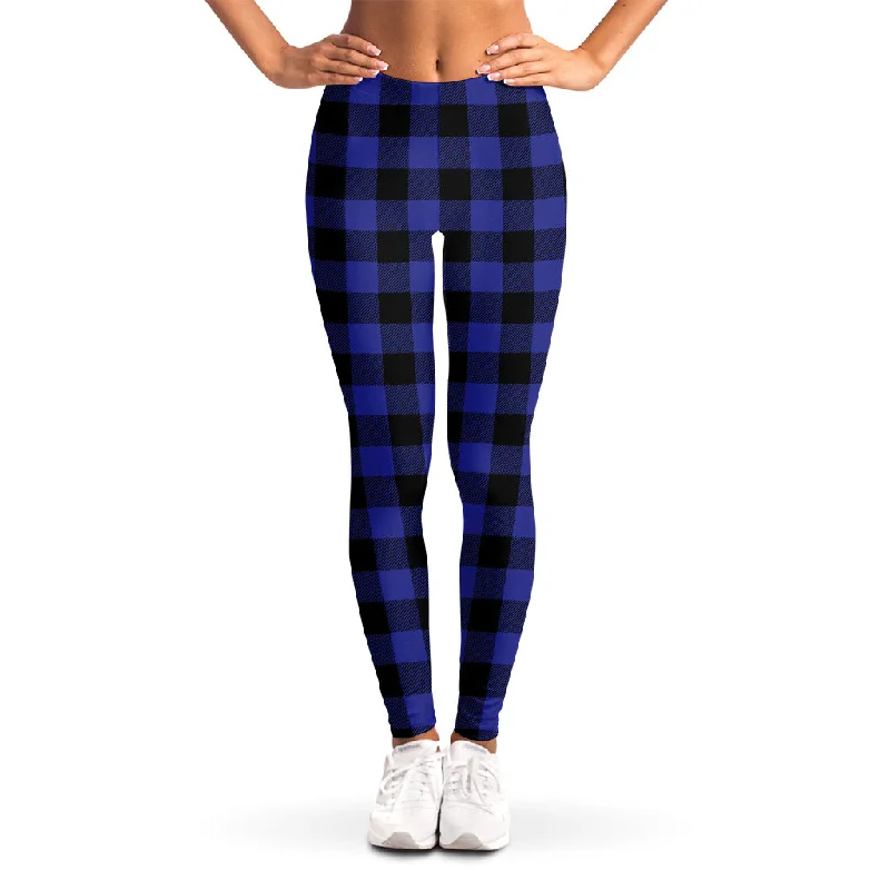 Navy Blue And Black Buffalo Check Print Women's Leggings Cozy Ribbed Leggings