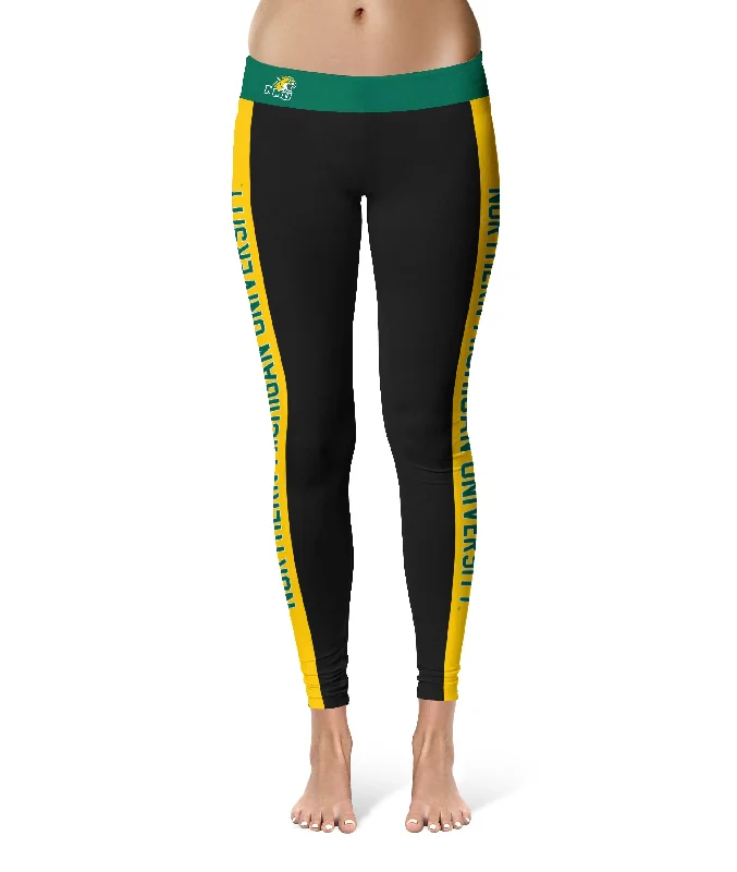 Northern Michigan Wildcats Game Day Gold Stripes Black Yoga Leggings for Women by Vive La Fete Trendy Adjustable Waist Leggings