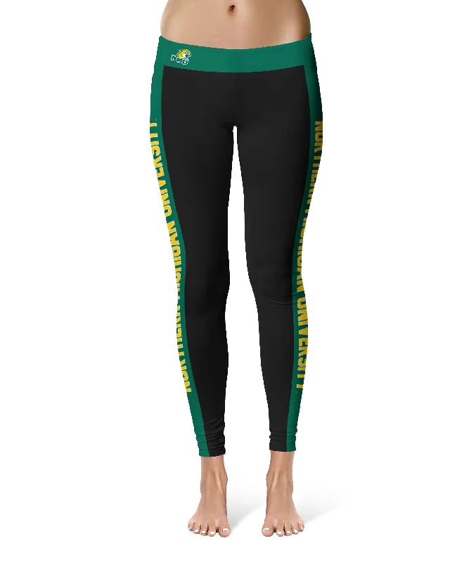 Northern Michigan Wildcats Game Day Green Stripes Black Yoga Leggings for Women by Vive La Fete Comfortable Cold Weather Leggings