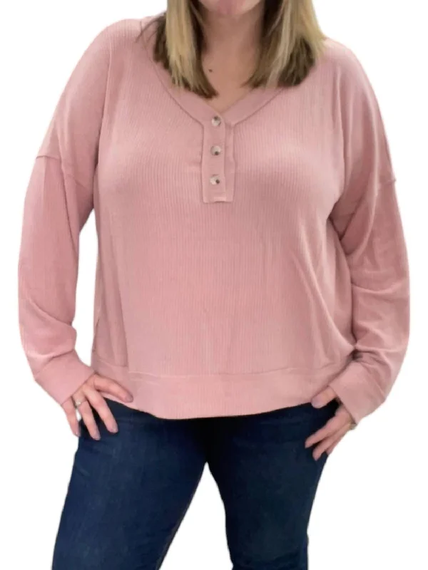 Ribbed Henley Sweater In Blush Casual Formal Business