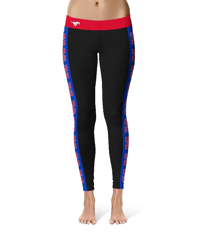 SMU Mustangs Game Day Blue Stripes Black Yoga Leggings for Women by Vive La Fete Stylish Printed Sport Leggings