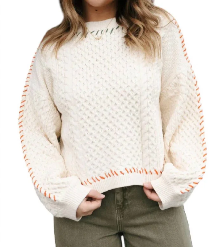 Stitched Sweater In Natural/green/red Turtle Neck Boat Neck Asymmetrical Neck