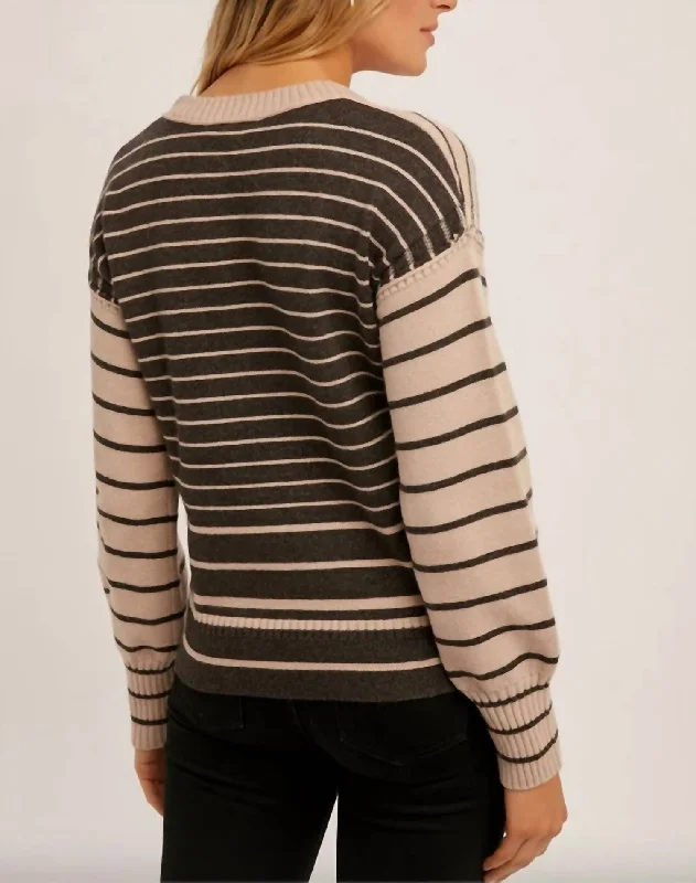 Striped Short Sweater In Mauve/brown Satin Fabric Silk Fabric Chiffon Fabric