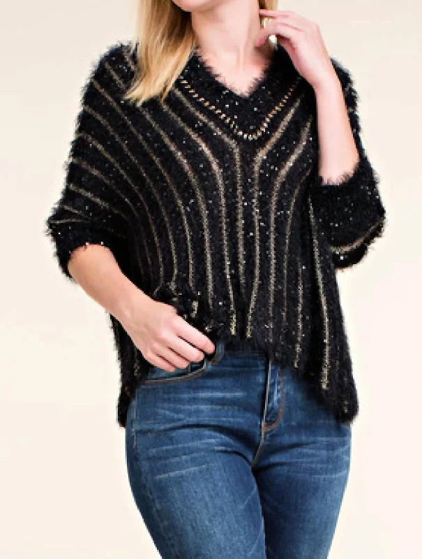 Threaded Stripe Crop Sweater In Black And Gold Graphic Sweater Embroidered Appliqued