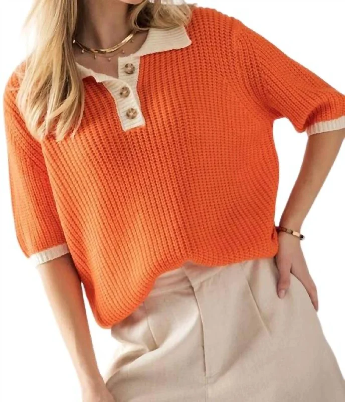 Two Tone Contrast Quarter Button Knit Sweater In Orange Zippered Front Buttoned Front Snap Front