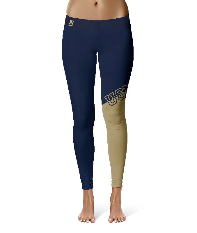 US Naval Naval Academy Midshipmen Game Day Leg Color Block Navy Gold Yoga Leggings for Women by Vive La Fete Trendy Fitness Leggings